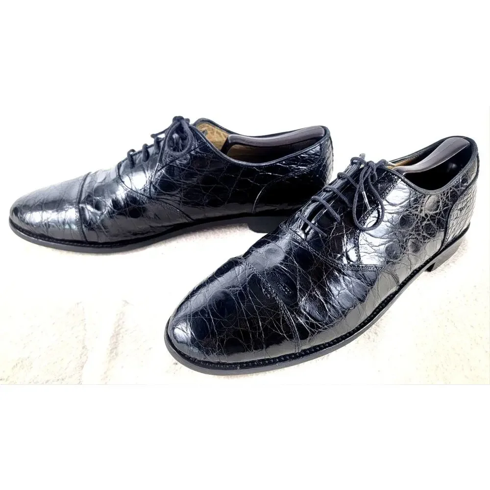 Zelli Genuine Alligator Cap Toe Oxford Shoes Black 10.5M Italy Luxury Exotic